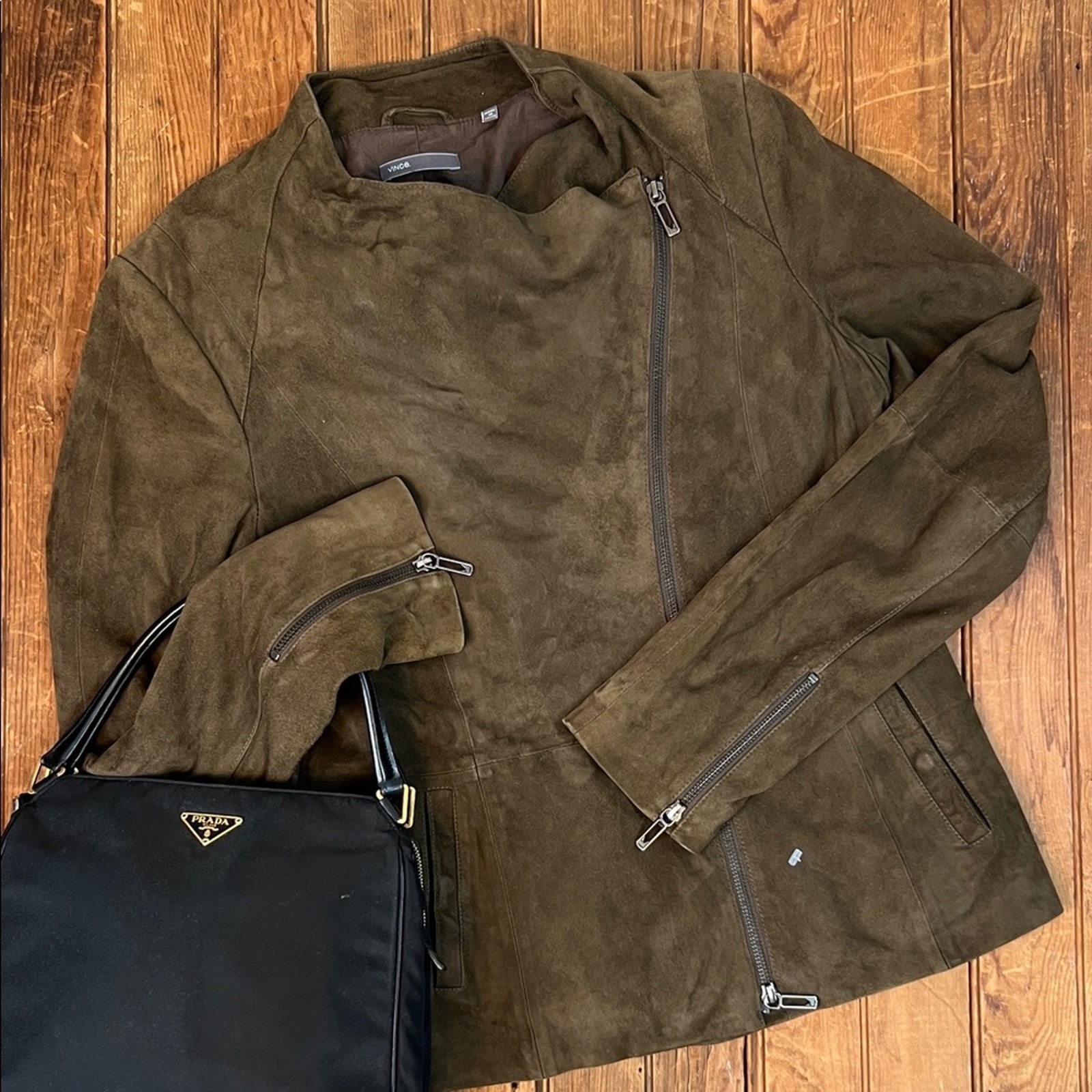 Women’s Vince Moto Jacket Olive Brown Luxurious Suede Zip